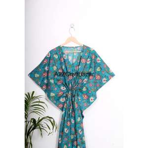 Free Size Floral Print Cotton <b>Kaftan</b> <b>Dress</b> for <b>Women</b> Light Summer Beach Party Eco-Friendly Midi V-neck Natural Waist Bodycon - Product Image 4