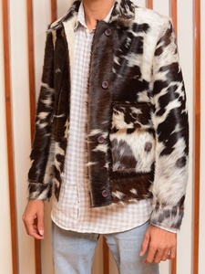 Authentic Western Style Cowhide Leather Windbreaker <b>Jacket</b> Cow Fur Print Breathable Woven Fabric Nylon Lining OEM Autumn Winter - Product Image 2
