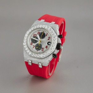 Montre de luxe en moissanite avec trois sous-cadrans chronographes, bracelet en caoutchouc rouge, cadran rond en acier inoxydable, montre de mode pour homme - Product Image 2