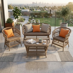 Brown Plastic <b>Rattan</b> <b>Outdoor</b> Garden Furniture Set Iron Frame Woven PE Wicker <b>Sofa</b> Armchairs Table Patio Decor Setup Art Design - Product Image 5