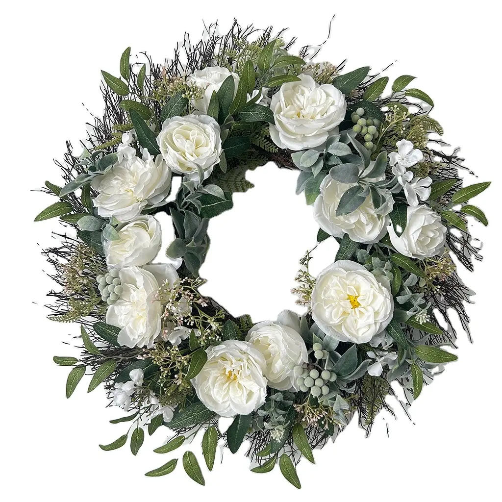 Wedding Decorative Peony Artificial eucalyptus Plants Flower Wreath Hanging Rattan Ring Base