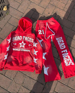 Precio razonable algodón desgastado parche bordado ácido lavado apliques Zip Hoodie Joggers hombres acampanados pantalones de chándal - Product Image 5