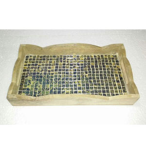 Meilleur design avec morceaux de miroir Bois de manguier avec intérieur émail imprimé plateau de service alimentaire en gros d'Inde - Product Image 2