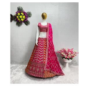Georgette lourde de haute qualité brodée de mariée Lehengas Choli avec Dupatta coton Style traditionnel 2 couleurs pour les fêtes - Product Image 1
