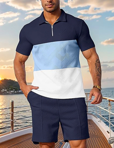 Chándal de verano para hombre, conjuntos de pantalones cortos de 2 piezas, chándal de manga corta, trajes 1/4 Zip Golf Polo empalme camisas a rayas - Product Image 4