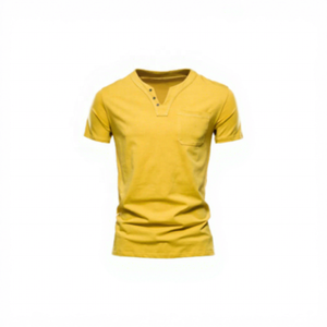 Men's Yellow V-Neck Fit Short Sleeve <b>T</b>-<b>Shirt</b> Solid Color Casual Knitted <b>with</b> <b>Pocket</b> - Product Image 1