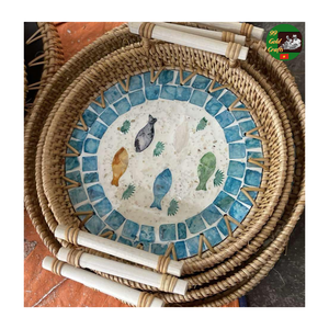 Plateau de service en mosaïque de rotin fait à la main, mélange de nacre, plateau en rotin naturel pour la décoration de la maison, hôtel, restaurant - Product Image 2