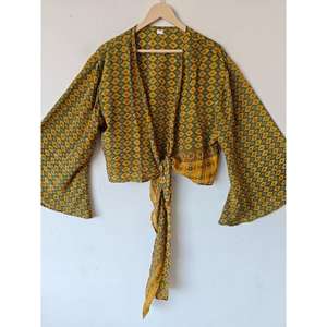 เสื้อครอปแขนกระดิ่งสำหรับผู้หญิงใส่ในฤดูร้อนเสื้อครอปผูกโบว์ผ้าไหมลายดอกไม้วินเทจใส่ไปปาร์ตี้เสื้อครอป - Product Image 4