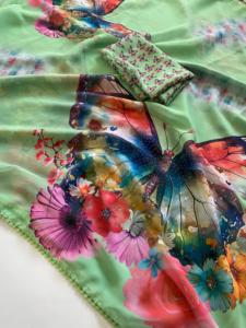 ผ้าไหมจอร์เจตต์เนื้อนุ่มเบาสบาย ดีไซน์เนอร์อินเดีย ลายพิมพ์ดิจิทัลแฟนซี คาลัมคารี ลายผีเสื้อ เหมาะสำหรับงานปาร์ตี้ฤดูหนาว - Product Image 5