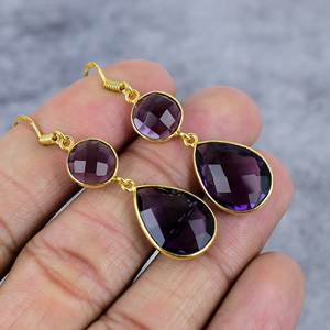 พลอยสีม่วงทรงกลมและลูกแพร์925อัญมณีชุบทองเงินสเตอร์ลิงต่างหูตุ้งติ้งของขวัญต่างหูโบฮีเมียนสำหรับผู้หญิง - Product Image 1