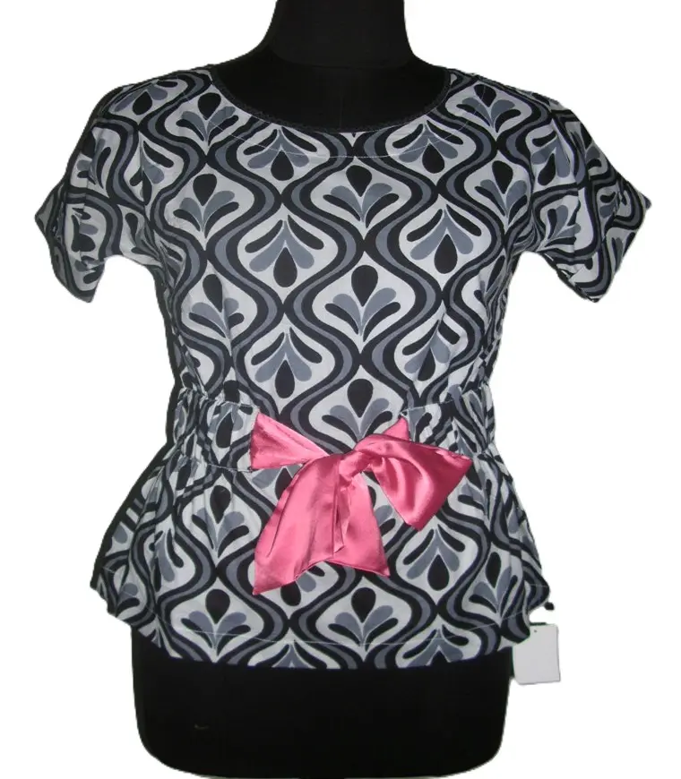 Printed Satin bow tie top women short sleeve top with contrast colour bow tie at waist Satin printed formal top for ladies