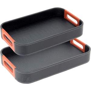 Elegante bandeja de servicio de cuero negro para estante multiusos con marco profundo y forro limpio para arreglos de habitaciones lujosos - Product Image 1