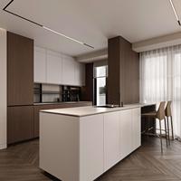 Lemari Dapur Modern yang Dapat Disesuaikan dengan Finishing Veneer Kayu Walnut Gelap dan Meja Pulau dari Batu Sinter untuk Apartemen Mewah