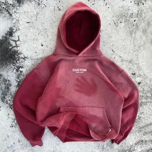 Sweat à capuche ull zippé en pur coton lavé à l'acide Vintage épais sérigraphie surdimensionné pour hommes coupe et couture bord - Product Image 6