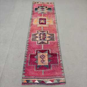 3x11.4 ft Herki Turkish Vintage <b>Wool</b> Rug <b>Red</b> Gray Patchwork Floral Design Eco-Friendly Latex Backing - Product Image 1