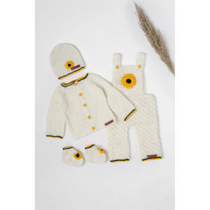 Ensemble de robe salopette en crochet fait main avec motif de tournesol, style décontracté floral pour bébés, pull, bonnet et bottes d'hiver chaudes pour bébés - Product Image 4