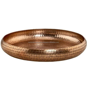 World Menagerie <b>Round</b> Antique Hand Hammered Metal <b>Serving</b> <b>Tray</b> With Copper Colar - Product Image 3