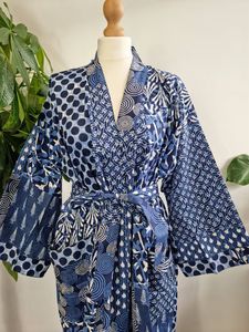 Kimono de spa de maternidad de algodón puro azul índigo hasta el suelo bata de casa cómoda cubierta de playa para nueva mamá papá patchwork blanco - Product Image 3