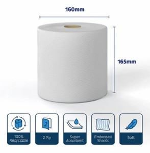 Rouleau de papier hygiénique professionnel blanc à alimentation centrale, 2 plis, fournisseur en gros de papier commercial - Product Image 2
