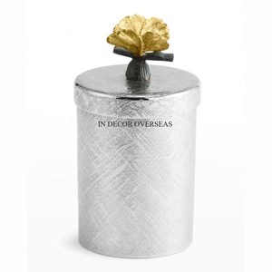 Unique Fancy Texture Silver Shiny Polished Superior Quality Metal <b>Food</b> <b>Storage</b> Canister With Gold Plated Leaves Designer Top Lid - Product Image 1