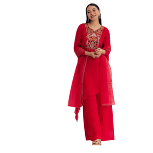Costume Palazzo Asymétrique Chinon Rouge avec Broderie Vente en Gros Vêtements Ethniques pour Femmes OEM Vêtements Usine Fournisseur Personnalisé - Product Image 2