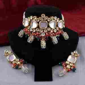 Gargantilla Kundan chapada en oro nupcial India conjunto de collar pesado parte trasera Meenakari - Product Image 2