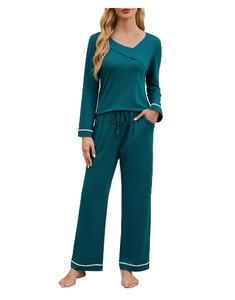 Women's Pajama Sets Soft Long Sleeve 2 Piece Lounge Sets Casual Asymmetrical V Neck Sleepwear Pajamas Pockets - Product Image 4