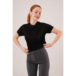 Lustrin Women's Ribbed Short Sleeve <b>Shiny</b> Black Blouse - Wholesale Fashion <b>Top</b> for Casual Wear, Available in S, M, L Sizes - Product Image 6