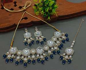 New Design Hexagon Shape Gold Plated Traditional <b>Drop</b> <b>Pearl</b> & Stone Studded Earring Mangtika Choker <b>Necklace</b>&Jewellery Set Women - Product Image 1