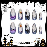 HYC-DY-1899 Faux ongles à presser Halloween, motifs Chapeau de sorcière, Citrouille, Cornes de démon, Fantôme, Ruban, Vente en gros