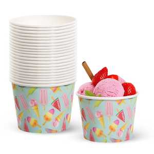 250ml biodegradabili eco-friendly usa e getta bicchieri di carta tazze rotonde in blu giallo e rosa con il disegno del gelato - Product Image 1
