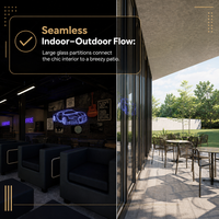 Café sur le thème des voitures avec mobilier complet, banquette, chaise de terrasse extérieure et façade vitrée pour café automobile industriel