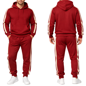 Conjunto Deportivo al por Mayor para Hombre: Sudadera con Capucha Borgoña y Pantalones de Chándal con Rayas Laterales en Contraste, Estilo Casual para Gimnasio - Product Image 4