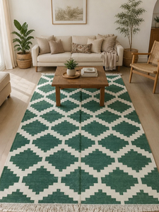 Indian Handloom 100% Pure Cotton Rug Forest Green Stepped Diamond Lattice Pattern Floor <b>Mat</b> Custom Sizes Available - Product Image 1