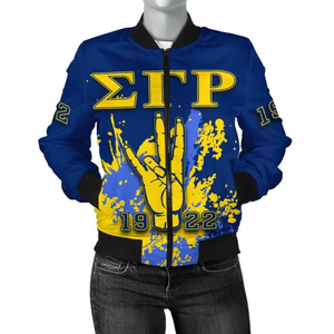Chaqueta Bomber de Satén SGRho Sigma Gamma Rho Azul Rey con Bordado Dorado Griego 1922 Estilo Femenino - Product Image 1