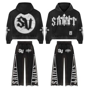 Conjunto de chándal de invierno desgastado lavado con ácido informal para hombre, chándal bordado de peso pesado, talla XL, logotipo personalizado, disponible para - Product Image 1