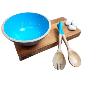 Natural Wood Round Salad Serving <b>Bowl</b> Light <b>Blue</b> Enamel Inside Set with Matching Salad Serving <b>Bowl</b> With Spoon - Product Image 1