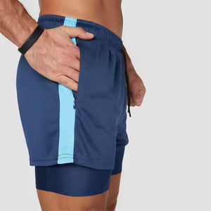 กางเกงขาสั้นเล่นยิมของผู้ชายแบบแห้งเร็ว2025สำหรับเล่นกีฬาออกกำลังกายแบบ2-in-1ตาข่ายเอวกลางแถบเชือกถักนิตติ้งสีพื้น - Product Image 3