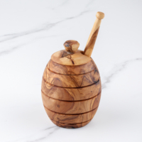 Pot à miel en bois d'olivier et cuillère à miel - Capacité 180 ml |   Accessoires de cuisine et de table tunisiens |   Marque privée