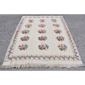 Traditional Beige Vintage Turkish <b>Rug</b> 5.6 X 7.2 ft Patchwork Design Wool Viscose for Entryway <b>Bedside</b> Rectangle Shape Latex - Product Image 1