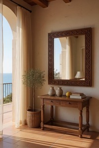 กระจกติดผนังไม้แกะสลักสุดหรูสำหรับตกแต่งบ้านสไตล์หรูหรา ใช้สำหรับตกแต่งห้องนอนและจัดแต่งทรงผม มีจำหน่ายในราคาส่งออก - Product Image 2