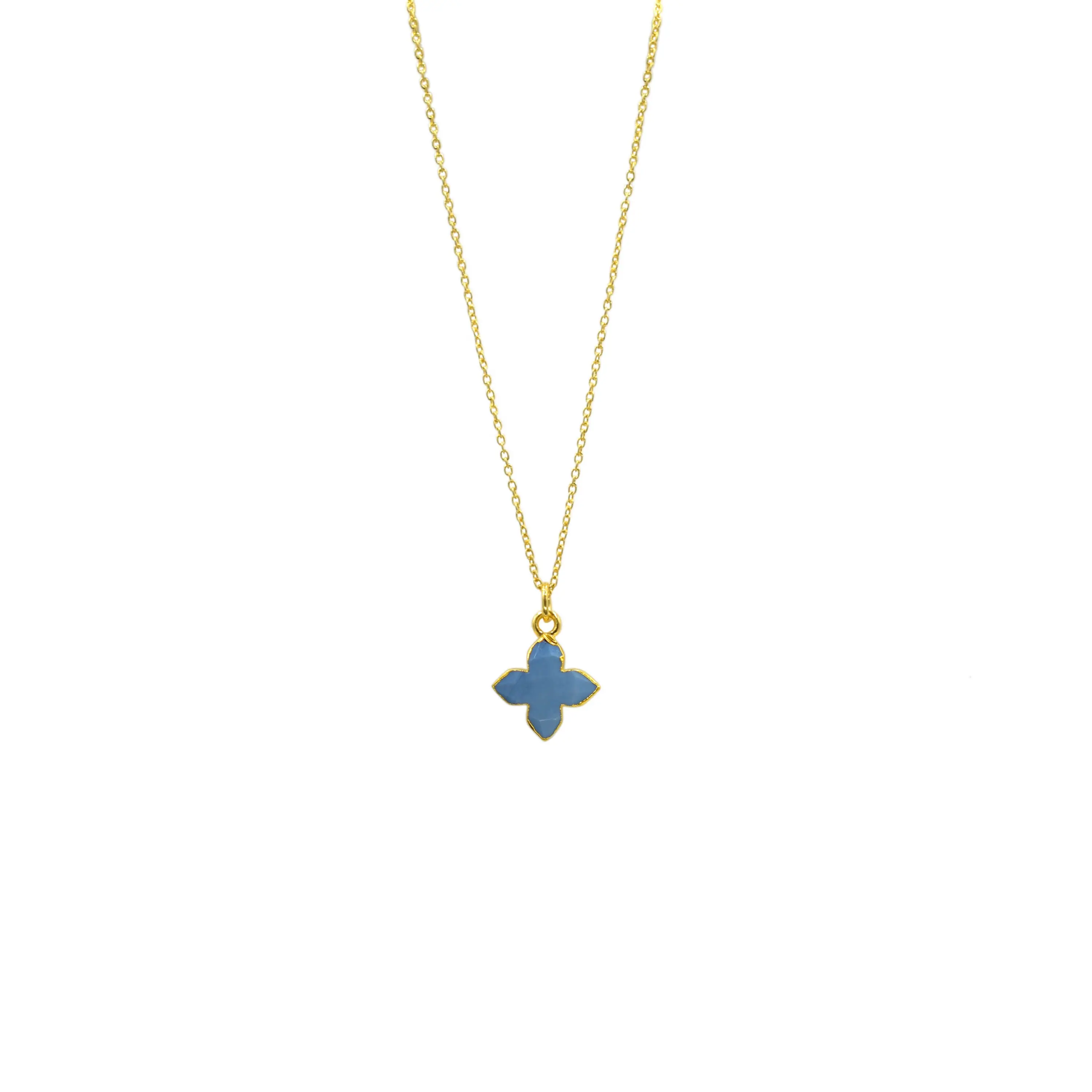 Fabulous gemstone jewelry 925 sterling silver gold plated chain necklace natural blue opal clover shape hand carved pendants