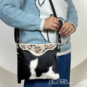 Bolso Bandolera de Cuero Vacuno Genuino Hecho a Mano con Solapa de Cuero Repujado Floral, Estilo Occidental, Bolso de Hombro Moderno para Mujer - Product Image 1