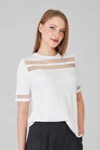 Blusa de manga corta con cuello redondo y patchwork de malla para mujer - Product Image 3