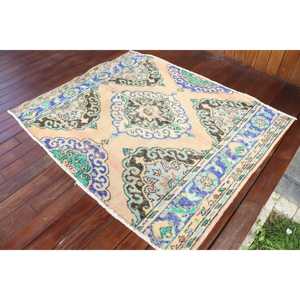 Tapis turc 3,7 x 4,6 pieds, tapis persan vintage en laine bleue - Product Image 2