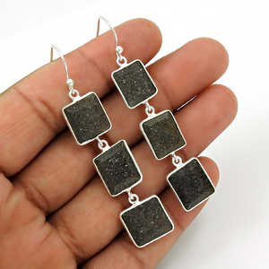 925 Solid Sterling <b>Silver</b> <b>Drop</b> <b>Earrings</b> With Natural Black Sunstone Gemstone Handmade Exporter Bohemian Jewelry For Gift - Product Image 2