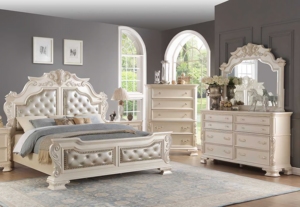 Lit classique élégant en ivoire et sauge avec rembourrage luxueux, tête de lit incurvée et ornementation argentée Une chambre royale - Product Image 1