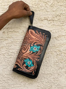 Cartera de cuero tallada a mano, funda de teléfono de embrague, elegante, multiusos, gran oferta occidental, billeteras, billetera de Color turquesa para Wome - Product Image 5