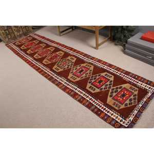 Turkish Herki Runner Rug 2.8x11.2 ft (86x342 Cm) Eco Friendly Vintage <b>Brown</b> Patchwork <b>Wool</b> Rug with Latex Backing - Product Image 2