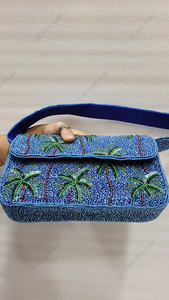 blue beaded palm tree shoulder bag Indian fully handcrafted women tropical evening <b>handbag</b> luxury party designer clutch purse - Product Image 5